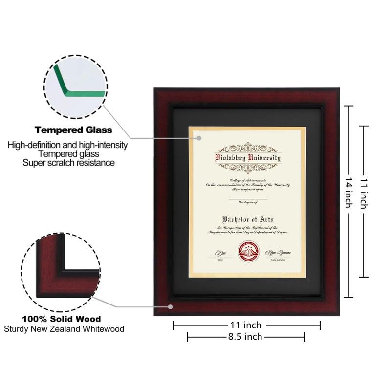 VIOLABBEY 8.5x11 Diploma Frame Solid Wood |Fits 8.5x11 with Black Gold Double Mat or 11x14 Documents&Certificates without mat, Tempered Glass, Cherry Frame for Wall or Tabletop Display - Image 2